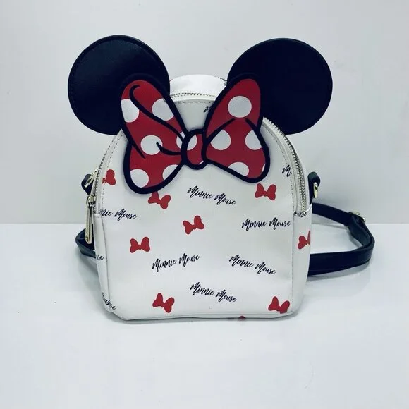 Loungefly Disney Mini Purse/Bag Pack Minnie Mouse Signature Ears White Stripped - Picture 1 of 12